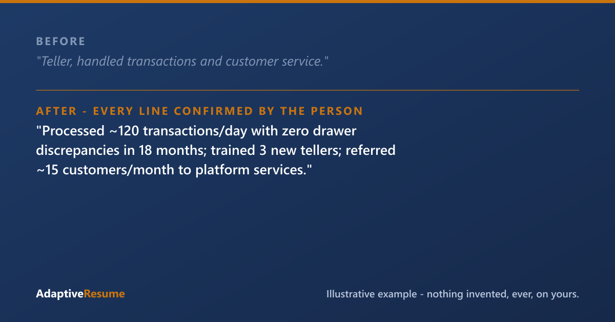 Before and after example of an improved resume line - every line confirmed by the person