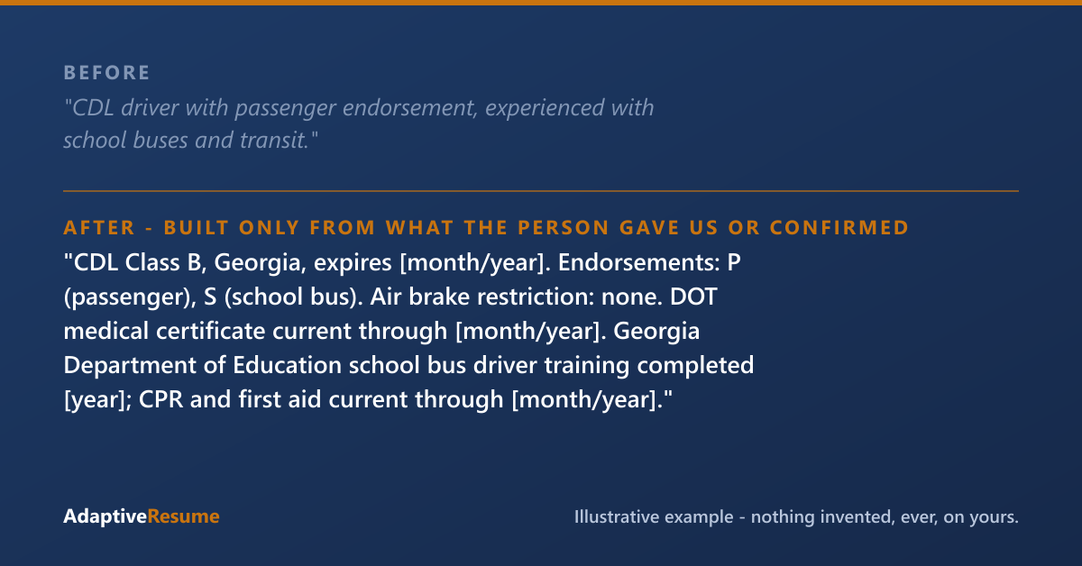 Before and after example of a bus driver resume line, built only from what the person gave us or confirmed