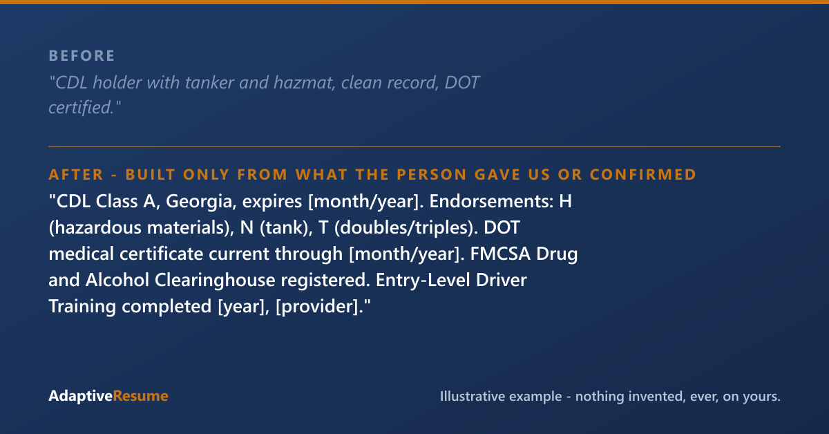 Before and after example of a truck driver resume line, built only from what the person gave us or confirmed