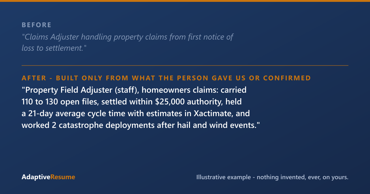 Before and after example of a claims adjuster resume line, built only from what the person gave us or confirmed
