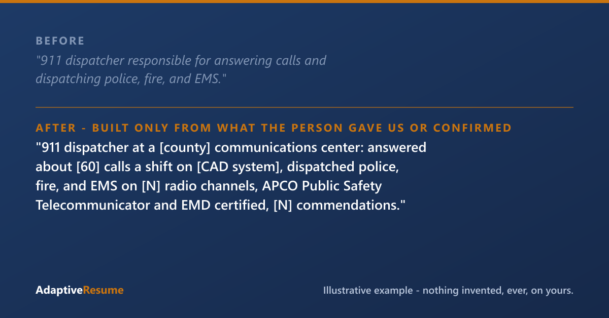 Before and after example of a 911 dispatcher resume line, built only from what the person gave us or confirmed