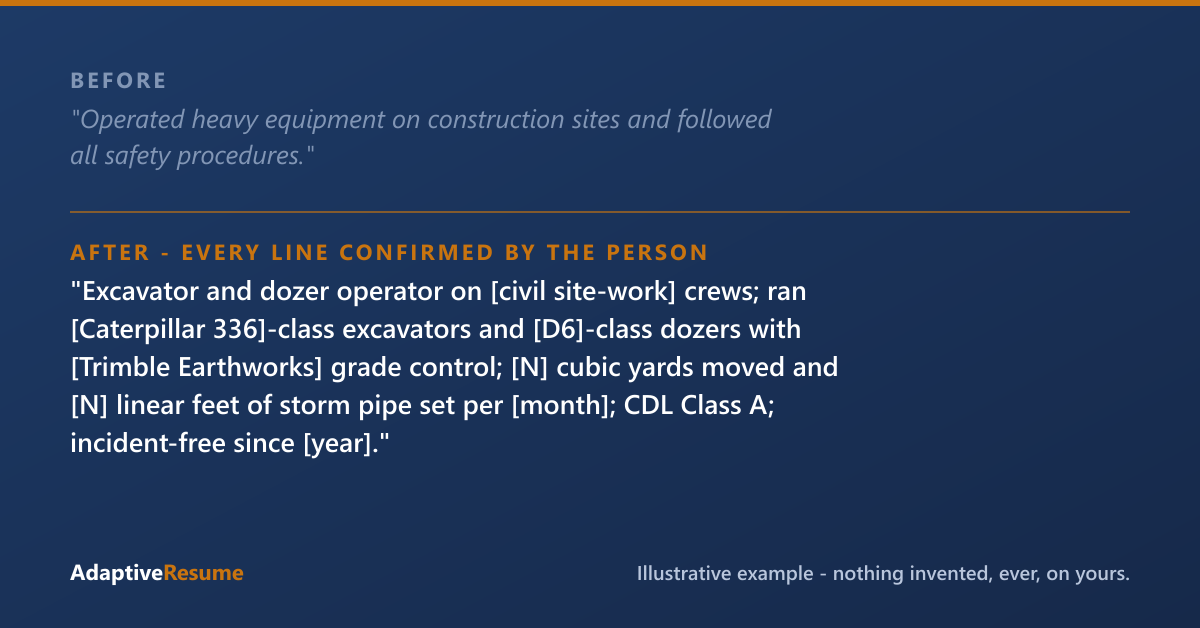 Before and after example of an improved resume line - every line confirmed by the person