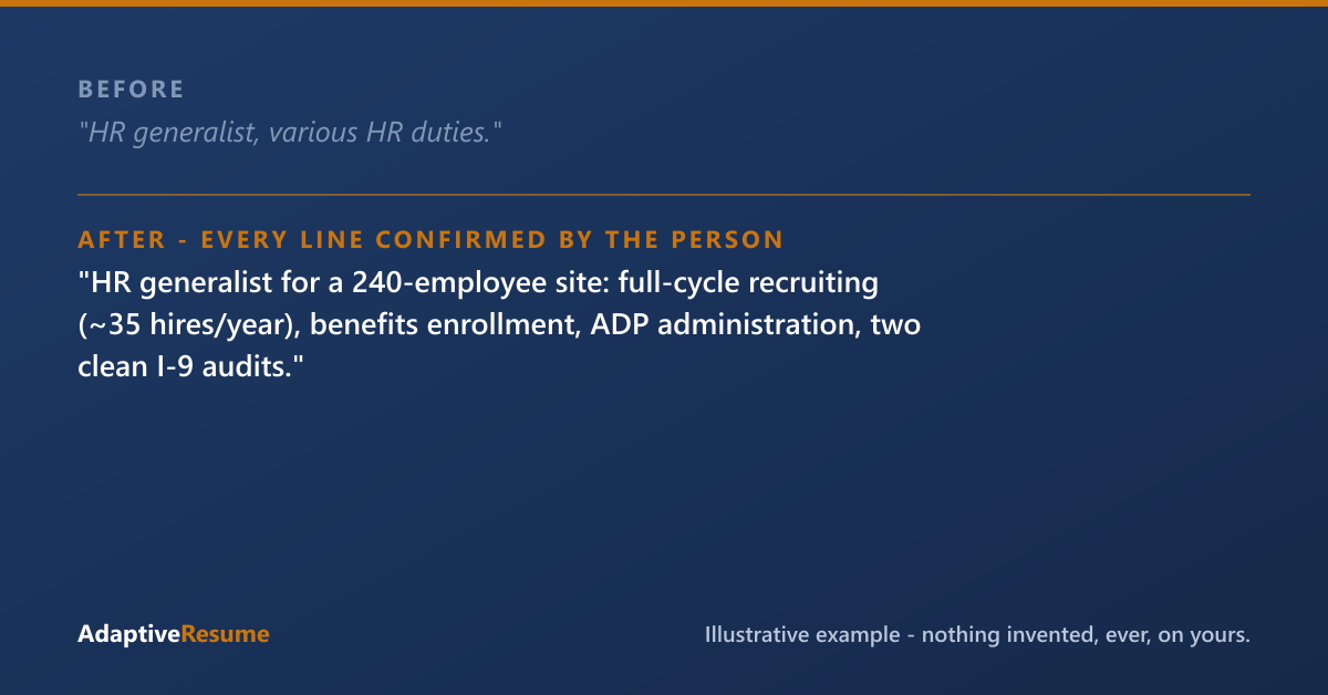 Before and after example of an improved resume line - every line confirmed by the person