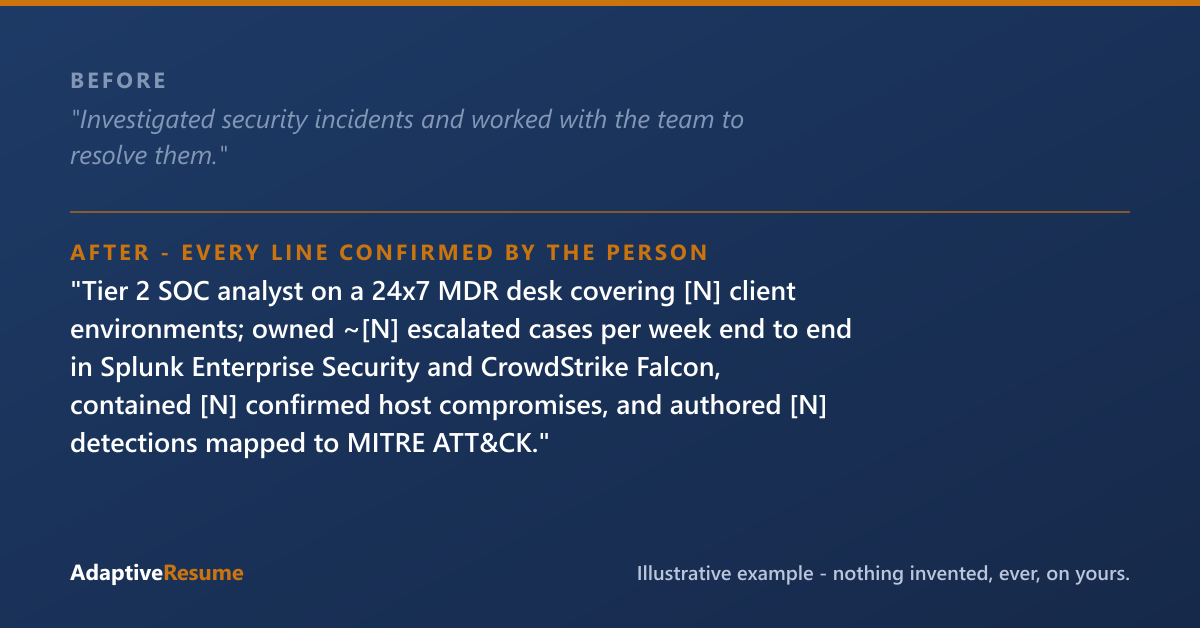 Before and after example of an improved resume line - every line confirmed by the person