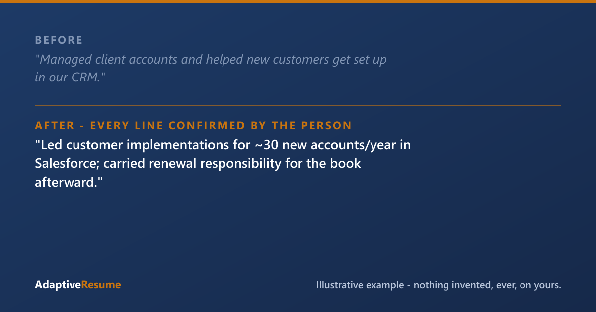 Before and after example of an improved resume line - every line confirmed by the person